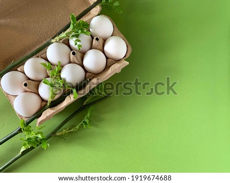 Spring fresh, green picture. Easter holiday. Environmental concept eco friendly decor, zero waste.  White Easter eggs, branches with green leaves. Top view. Space for text.