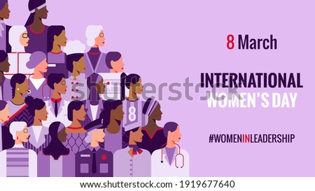 International Women's Day. Women in leadership, woman empowerment, gender equality concepts. Crowd of women of diverse age, races and occupation. Vector horizontal banner. Royalty-Free Stock Photo #1919677640