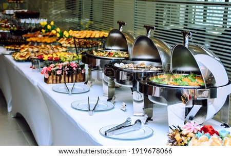 Open Buffet with a very delicious varieties of barbecue , pastries , desserts Royalty-Free Stock Photo #1919678066