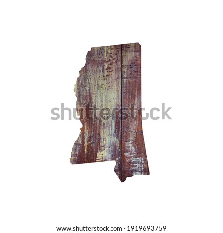 Political divisions of the US. Mississippi state in wood texture on white background