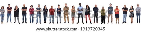large group of women and men with arms crossed on white background  Royalty-Free Stock Photo #1919720345
