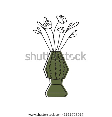 Green cute vase. Vector doodle illustration. bouquet whith rose flowers and leafs. Printable hand-drawn clip art.