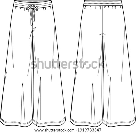 Vector yoga pants technical drawing, woman wide-leg sweatpants fashion CAD, template, sketch, flat. Jersey or woven fabric trousers with front, back view, white color. Palazzo trousers drawing Royalty-Free Stock Photo #1919733347