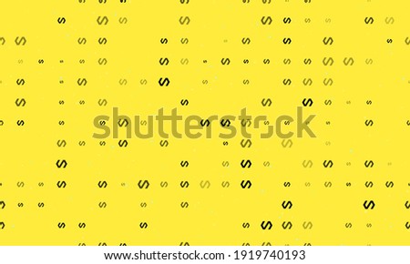 Seamless background pattern of evenly spaced black polymer symbols of different sizes and opacity. Vector illustration on yellow background with stars
