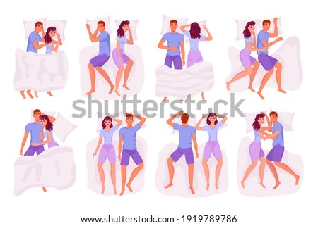 A couple, a man and a woman, sleep in bed in different poses, cozy pillows and blankets, happy people enjoy before going to bed. Set of funny cartoon characters in flat style. Vector, EPS 10 Royalty-Free Stock Photo #1919789786