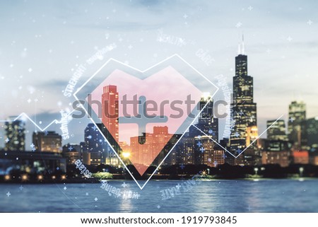 Abstract virtual concept of heart pulse illustration on Chicago skyline background. Medicine and healthcare concept. Multiexposure