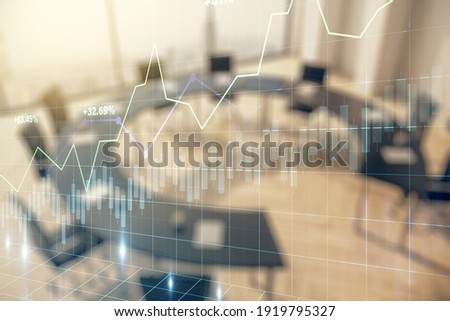 Multi exposure of virtual abstract financial diagram on a modern furnished office interior background, banking and accounting concept