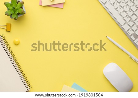 Back to school concept. Flat lay overhead above close up view photo picture of flowerpot reminder notice paper pc keyboard isolated bright color yellow backdrop with empty space