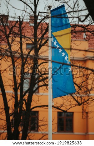 A flag of Bosnia and Herzegovina on the flagpoles on the building and trees background