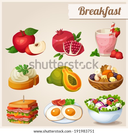 Set of different food icons. Breakfast.  Red apple, pomegranate, glass of strawberry smoothie, sandwich with cream cheese, papaya, fried eggs, dried fruits, sandwich with bacon, greek salad. Royalty-Free Stock Photo #191983751