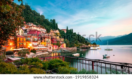 Varenna old town - scenic sunset view in Como lake, Italy. Royalty-Free Stock Photo #1919858324