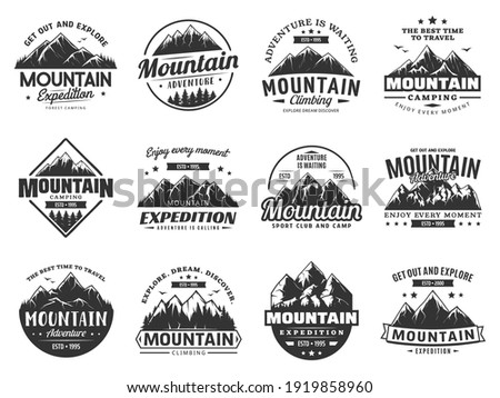 Mountain expedition and rock climbing vector icons. Snowy peaks monochrome silhouettes, steep rocky hills and mountain crest. Nature landscape for outdoor adventure extreme sport and travel labels set