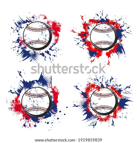 Baseball ball grunge icons of vector sport game tournament or team club design. Pitcher baseball balls with laces on blue and red halftone background with paint splatters, splashes and brush strokes