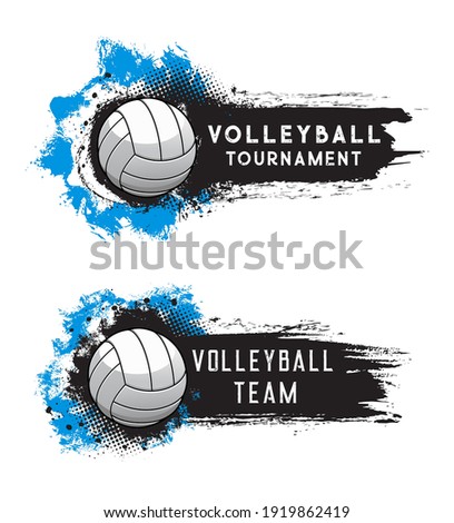 Volleyball sport tournament, ball on vector banner background with grunge halftone. Volleyball leisure game club and team league championship cup emblem with blue paint splash