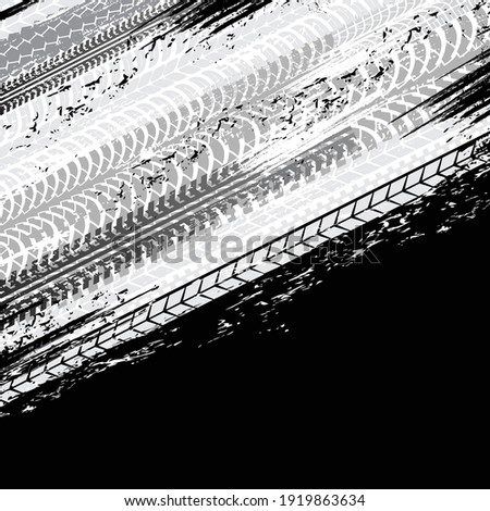 Tire tracks, car or road truck wheels speed on dirt, vector tyre print pattern background. Motorcycle or cart truck tire tracks and traces, black dirty tyre skidding grunge texture traces on asphalt