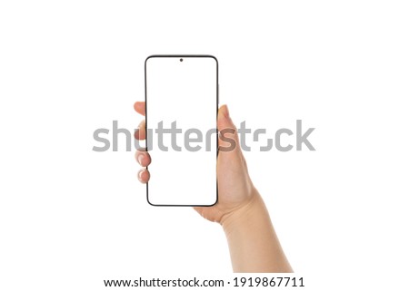 Close up cropped view photo picture of woman's hand holding showing blank empty screen of her smart telephone isolated white color backdrop Royalty-Free Stock Photo #1919867711