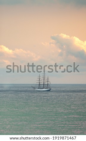 Three-masted sailboat anchored in Santos bay, Brazil.