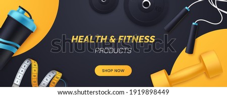 Sports and fitness products banner design. Flat lay composition with dumbbells, barbell plates, shaker, skipping rope, measuring tape. Advertisement concept for sports store. Vector illustration. Royalty-Free Stock Photo #1919898449