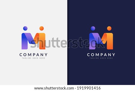 Abstract Initial Letter M Logo Design. Creative Purple Orange Connecting Partnership People with Origami Style. Vector Logo Illustration.