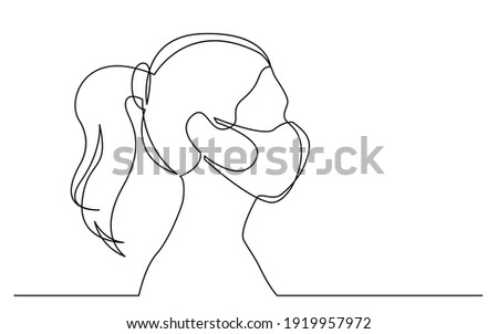 continuous line drawing of isolated on white background profile portrait of young woman with ponytail wearing face mask