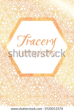 Vertical luxury card with gold floral pattern with decorations and place for text. Banner with kaleidoscope ornament. Vector natural blank. Template with boho petals. Invitation and thank you letter