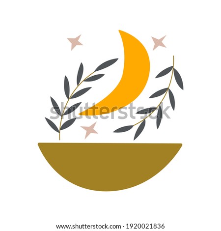 Abstract art crescent moon in a bowl, twigs with leaves and stars. White background composition. Modern trendy art. Colorful boho vector illustration hand drawn isolated