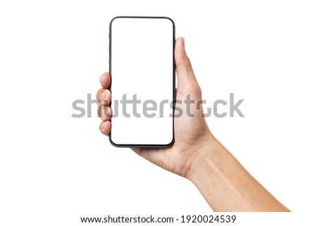 Hand business man holding mobile smartphone with blank screen isolated on white background with clipping path Royalty-Free Stock Photo #1920024539