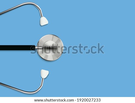 Top view of 3d realistic stethoscope. Medical instrument for listening to the action of someone's heart or breathing, placed against the chest and two tubes connected to earpieces. vector illustration Royalty-Free Stock Photo #1920027233