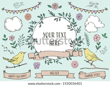 hand drawn vintage flower frame illustration with bird and ribbons 