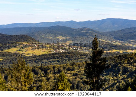 Panoramic view of eastern Beskidy mountains from Gron Jana Pawla II - John Paul II peak in Little Beskids mountains near Andrychow in Lesser Poland Royalty-Free Stock Photo #1920044117