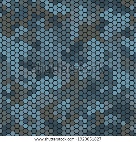 Camouflage seamless pattern with blue hexagonal endless geometric camo ornament. Abstract modern marine military style background. Template for fabric and fashion print. Vector illustration
