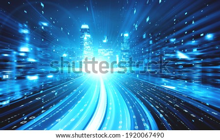 Digital data flow on road with motion blur to create vision of fast speed transfer . Concept of future digital transformation , disruptive innovation and agile business methodology . Royalty-Free Stock Photo #1920067490
