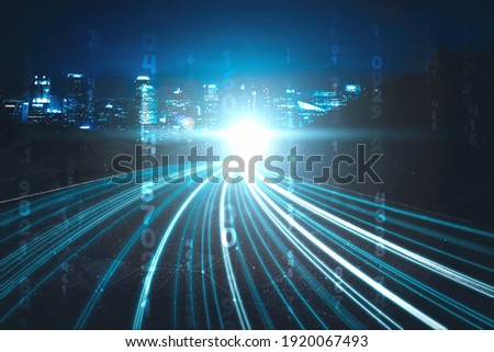 Digital data flow on road with motion blur to create vision of fast speed transfer . Concept of future digital transformation , disruptive innovation and agile business methodology . Royalty-Free Stock Photo #1920067493