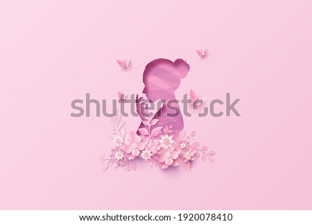 International Women's Day 8 march with frame of flower and leaves , Paper art style. Royalty-Free Stock Photo #1920078410