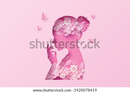International Women's Day 8 march with frame of flower and leaves , Paper art style. Royalty-Free Stock Photo #1920078419