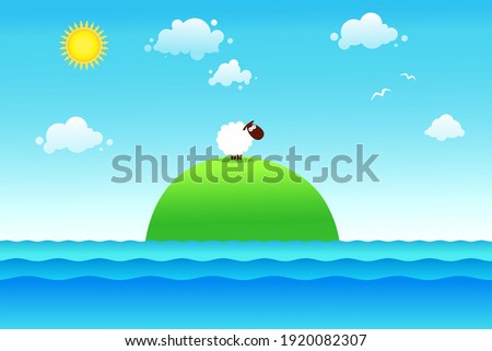 Vector illustration with island, sheep, sea and sun. Cartoon summer background