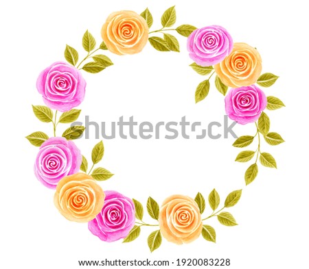 Hand drawn watercolor round frame painting with pink and yellow roses flowers bouquet isolated on white background. Floral ornament. Design element.