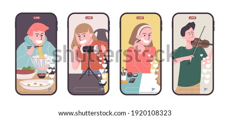 Set of video creator broadcasting on smart phone in flat style. Vector illustration of cartoon character Mukbung, ASMRtist,  Beauty blogger and musician live streaming the vlog. Royalty-Free Stock Photo #1920108323