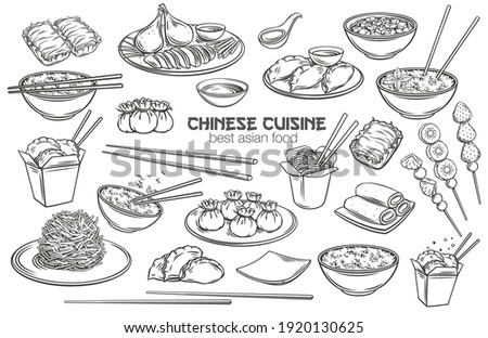 Chinese cuisine outline icon set. Asian food engraved monochrome vector illustration. Mapo tofu, rice, Dragons beard candy and tanghulu. Wok, peking duck, dumplings, wonton, fried noodles and rolls.