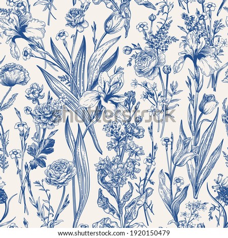 Floral seamless pattern. Flowering. Garden summer and spring flowers. Blue. Royalty-Free Stock Photo #1920150479