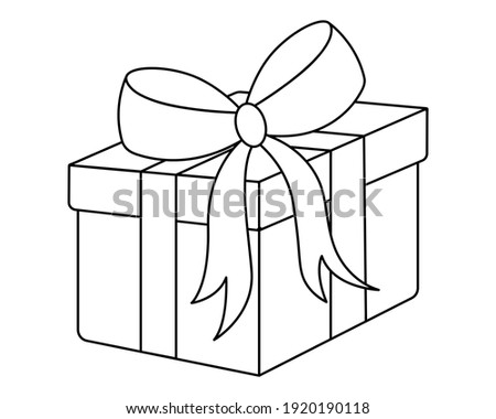 The gift in the box is tied with a bow. Sketch. Surprise box. Vector illustration. Isolated white background. Coloring book for children. Doodle style. Nice present. Delivery of holiday parcels.