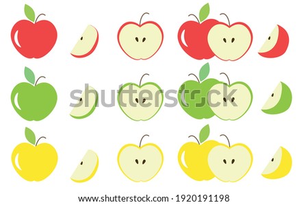 Different colors and parts of apples vector set. Fruit design elements. Whole apples, slices, leaves and apple seeds vector design elements isolated on white. Red, green and white apples set. Royalty-Free Stock Photo #1920191198