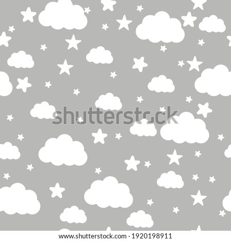 Flat vector pattern illustration of Seamless cute with white clouds and stars.cute clouds and stars on the gray background