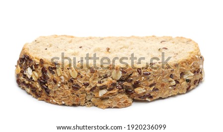 Integral wheat rye bread slice with seeds (linseed and oats) isolated on white background Royalty-Free Stock Photo #1920236099