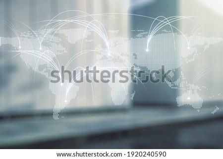 Double exposure of abstract digital world map hologram with connections on modern business center exterior background, research and strategy concept