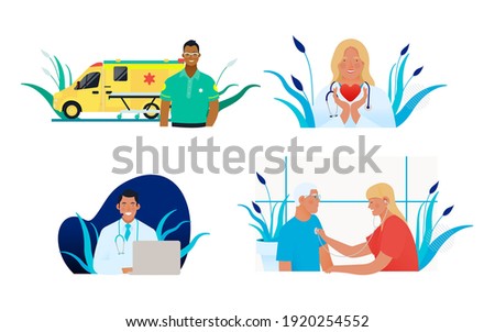 Set of Modern Flat Medical Insurance Illustrations. Ambulance Transport, Call Center, Young Medical Specialist Hold Red Heart, Cardiac Auscultation in Medical Office.