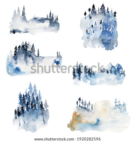 Collection of watercolor winter landscapes and forest nature view, hand drawn isolated illustration on white background