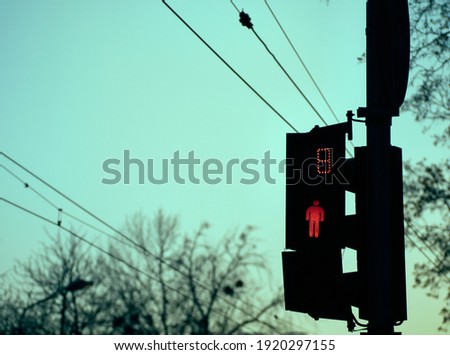 Red LED pedestrian traffic light in the city on the street on the background of the evening sky