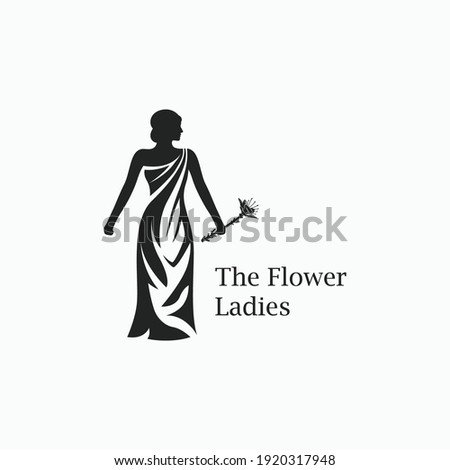 Woman wearing a dress is holding a flower vector illustration. Logo icon sign symbol design concept