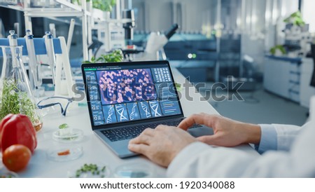 Male Scientist Working on a Laptop Computer with Display Showing Gene Editing Interface. Microbiologist is at Work in a Bright Modern Food Laboratory with Advanced Technological Equipment.